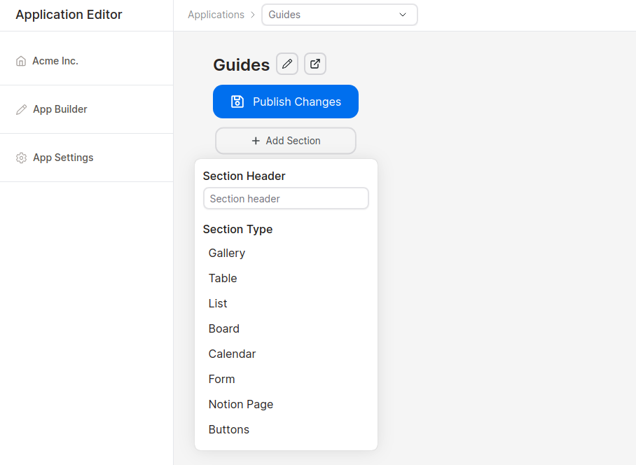 Stackoia application builder add section dropdown